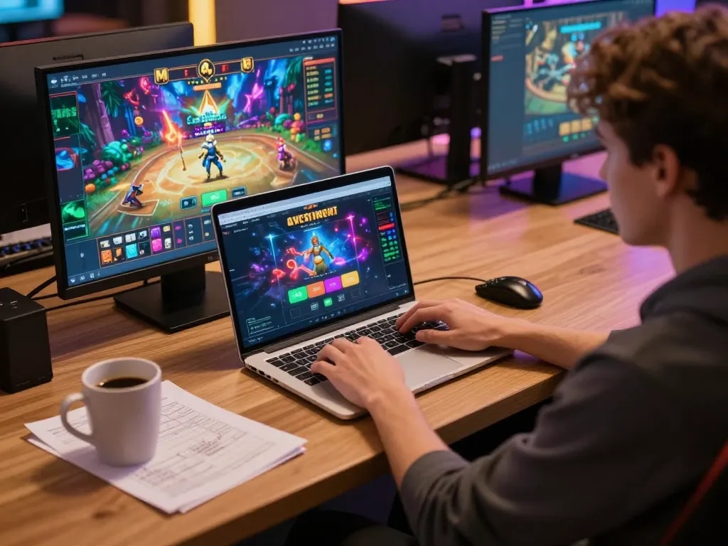 Player engaging with mm 88 online casino games on laptop in a cozy, inviting home environment