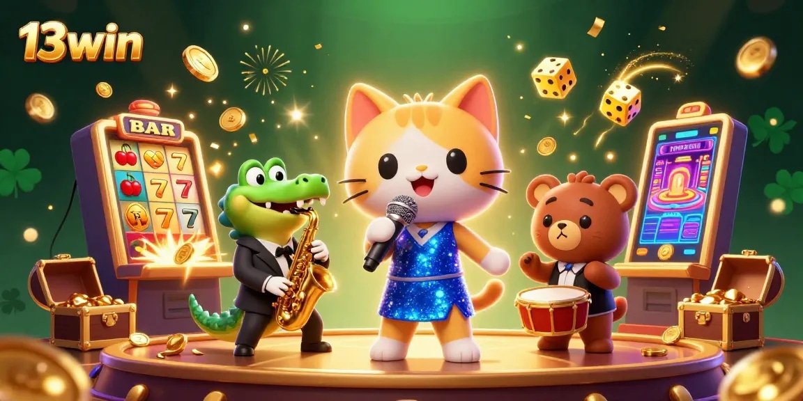 Experience the excitement of 13win with dynamic casino characters amidst a jackpot explosion.