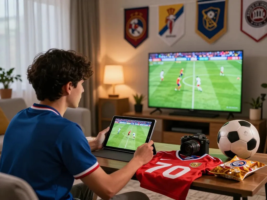 Exciting moment of a fan streaming xoilac football match in a sports-themed room with vibrant atmosphere.