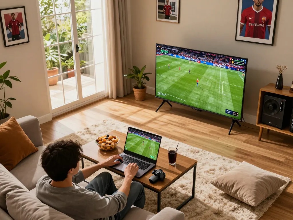 Socolive link displayed on a laptop screen during an exciting live football match, showcasing a cozy home gaming setup.