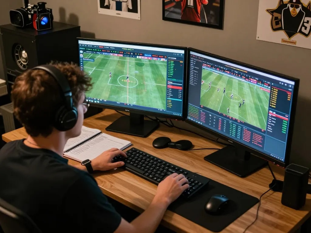Engaging in strategic sports betting analysis for rik vip with monitors displaying live odds and events