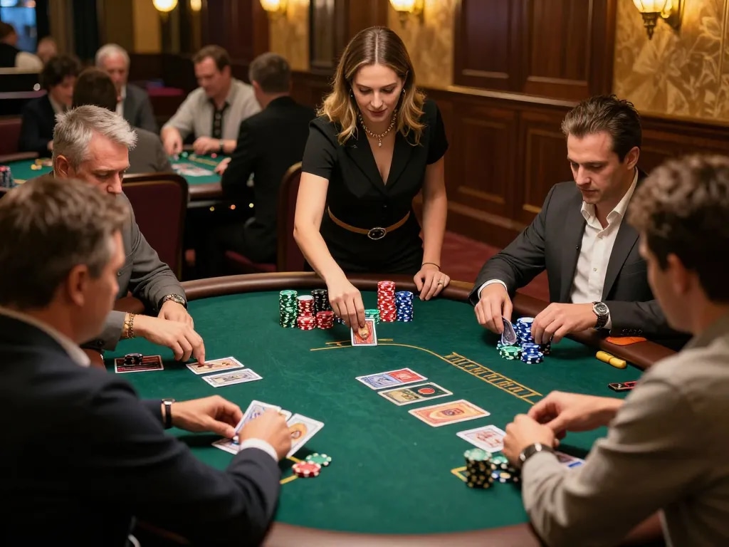 98win players engaged in a thrilling Blackjack game, enhancing their winning strategies in a luxurious casino setting