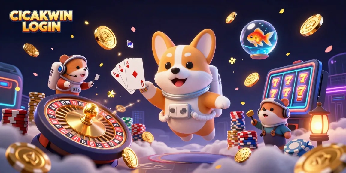 CICAKWIN LOGIN offers thrilling casino fun with a 3D astronaut corgi in a space station casino, surrounded by coins and gems.