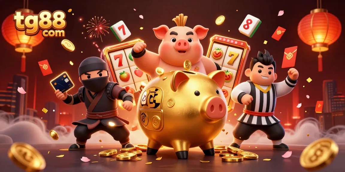 Experience thrilling gaming at tg88 com with a dynamic 3D cartoon illustration of a vibrant casino scene.