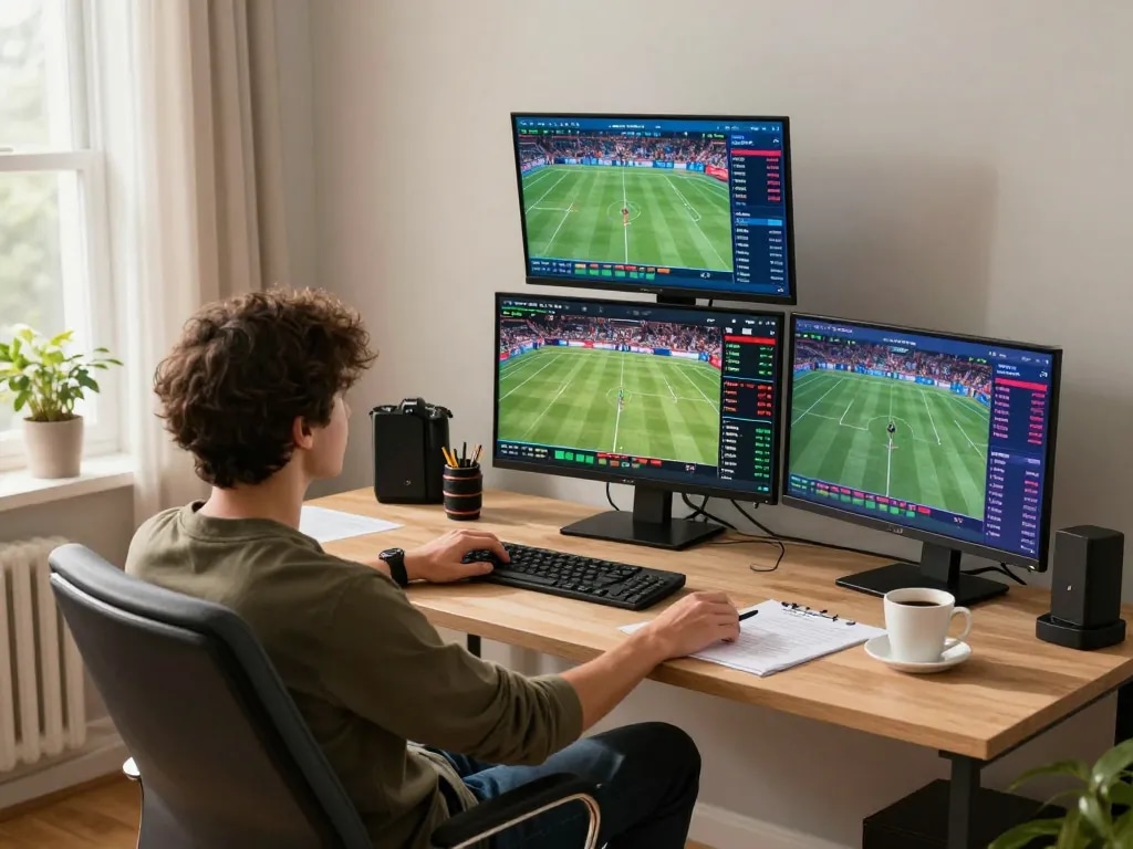 Engaging online sports betting experience showcasing gk88 on multiple screens, with strategic notes and coffee mug.