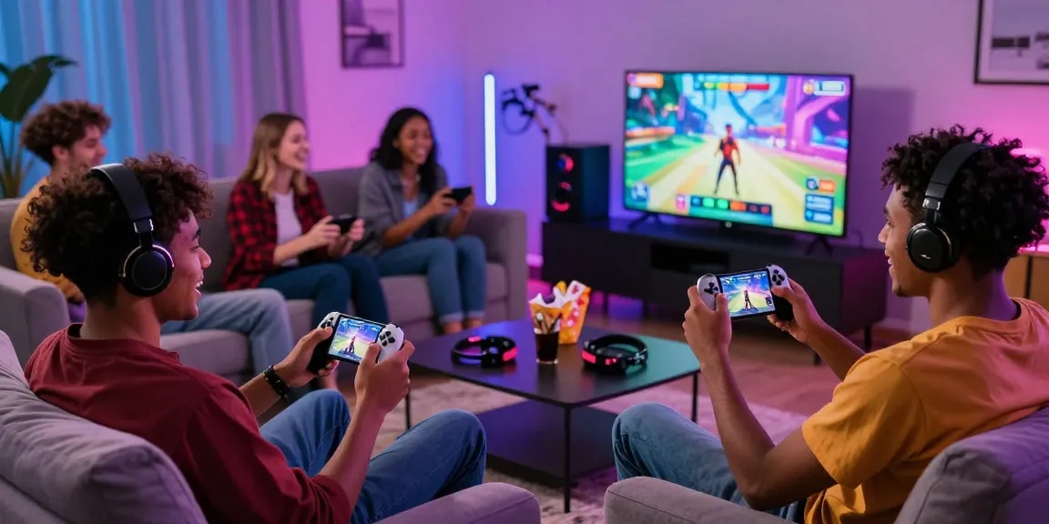 Interactive friends enjoying a vibrant porn game online in a stylish living room setting.