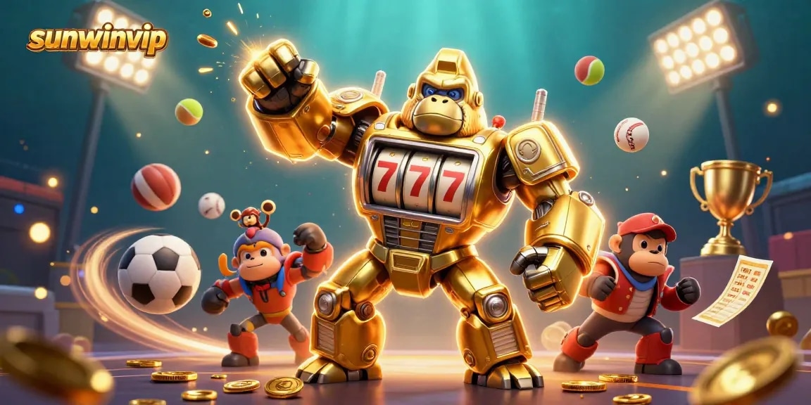 Engage with sunwinvip and enjoy dynamic slots action featuring a golden gorilla mech and sports elements.