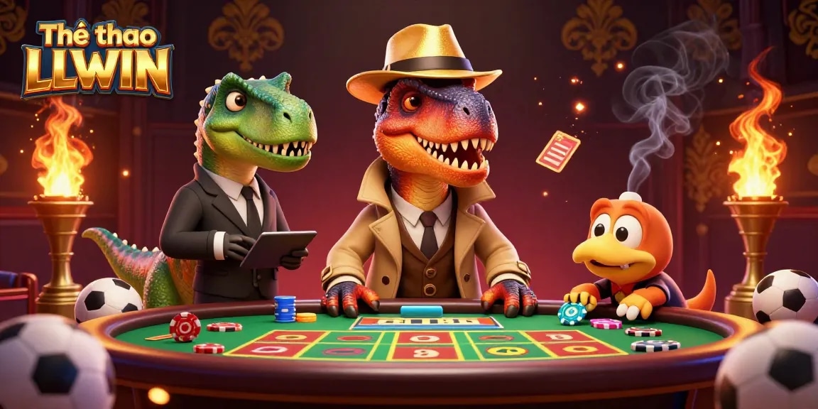 Thể thao LLWIN showcases a velociraptor card counter at a sports betting table in a dynamic and vibrant 3D illustration.