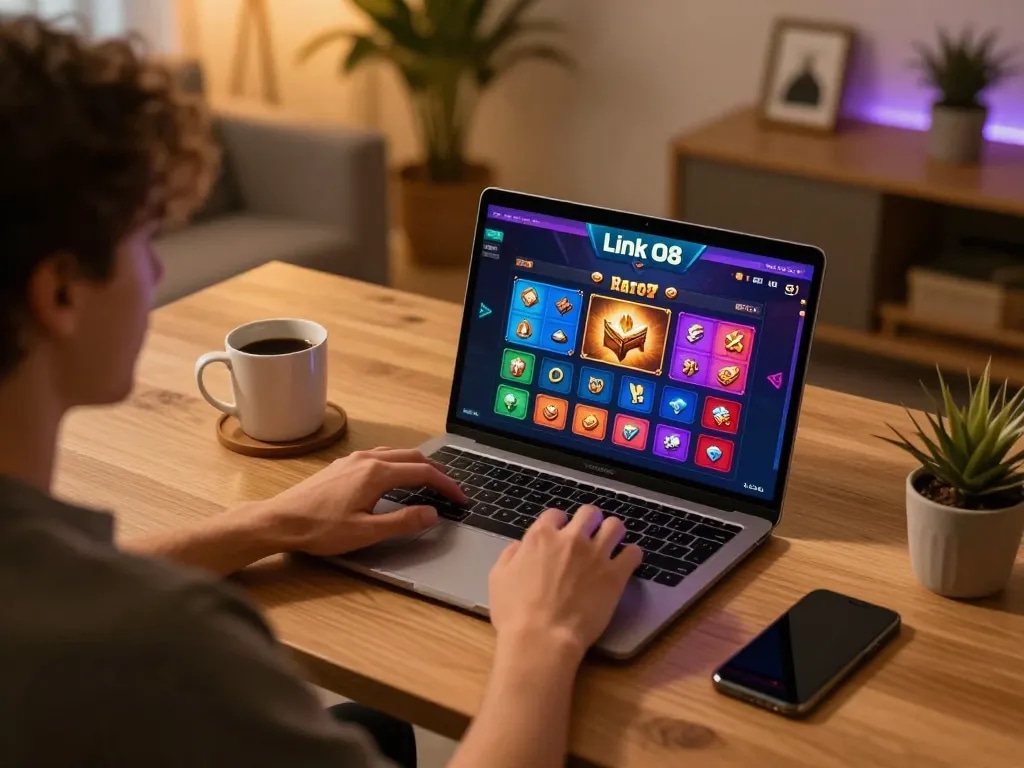 Engaging in online gaming at home with the Link O8 platform showing vibrant slots and betting options