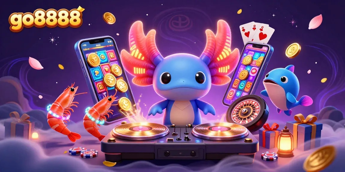 Experience go8888's vibrant theme with an axolotl DJ and gaming elements celebrating casino fun.