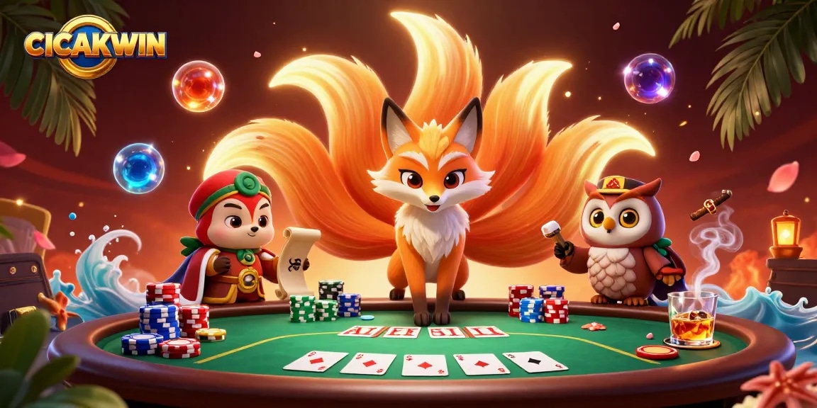 CICAKWIN enhances gaming excitement with a vibrant, colorful scene of fantasy characters and poker elements.