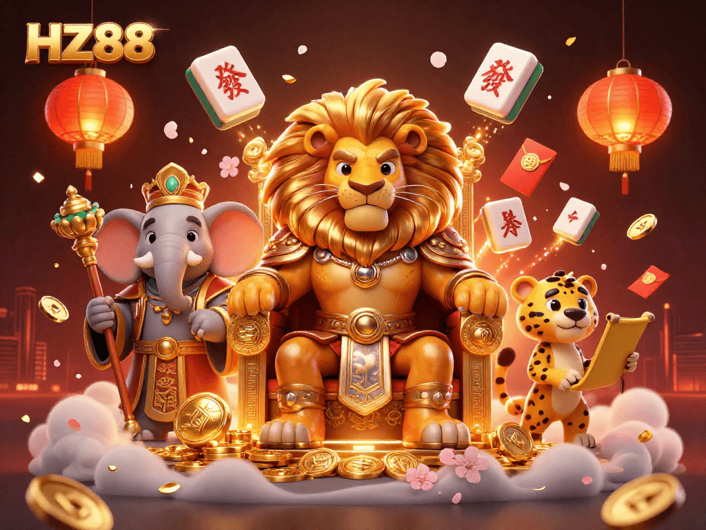 Engage in thrilling gameplay with HZ88's dynamic 3D casino illustration showcasing a royal lion king and vibrant game elements.