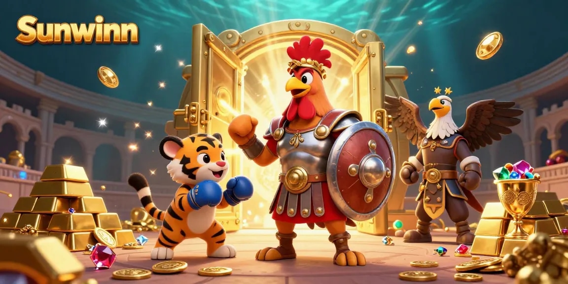 Experience thrilling gameplay with sunwinn in this vibrant 3D casino illustration featuring a gladiator rooster and treasures.