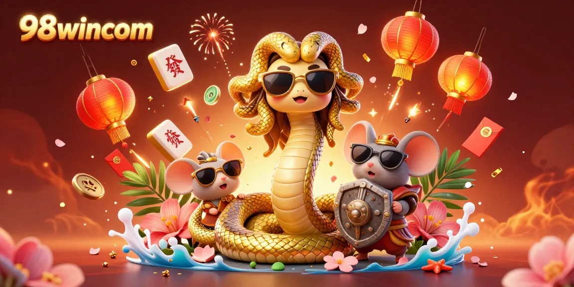 Join the gaming excitement with 98wincom's vibrant Medusa and warrior mouse in a festive casino scene.
