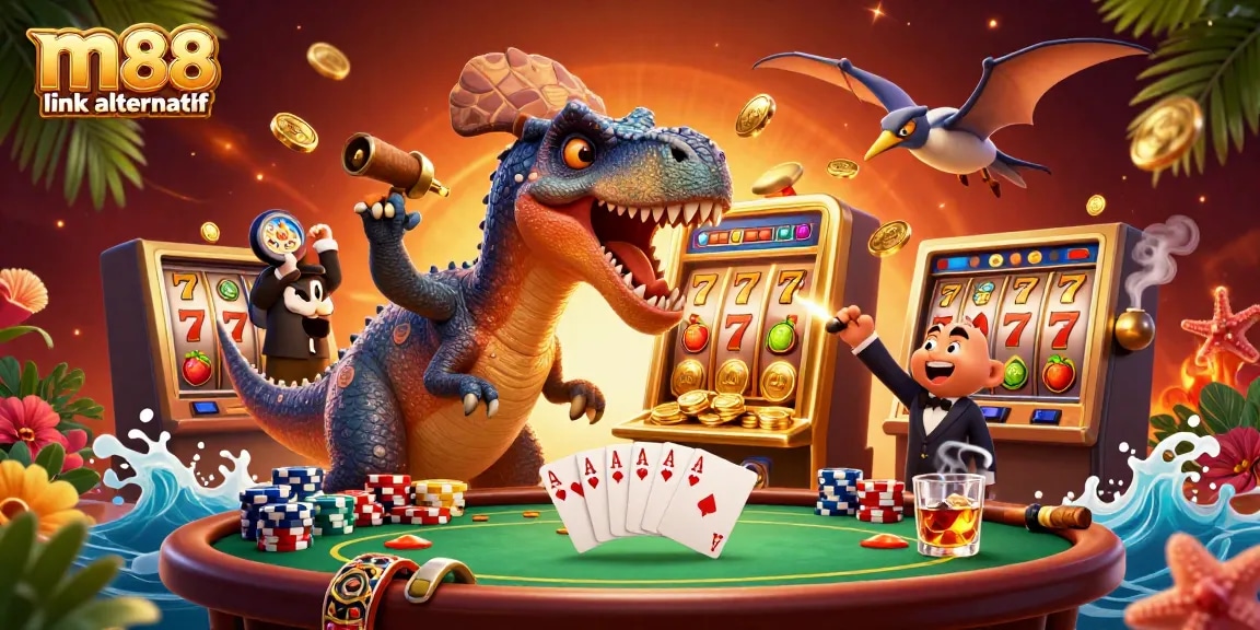 Experience the rush of winning at M88 link alternatif with colorful slot machines, poker elements, and flying coins.