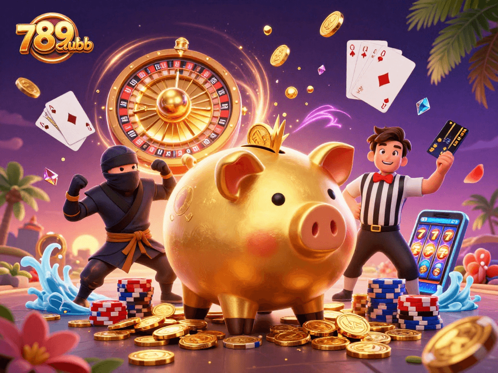 Engage with 789clubb as a golden piggy bank sumo wrestler dominates a vibrant casino scene.