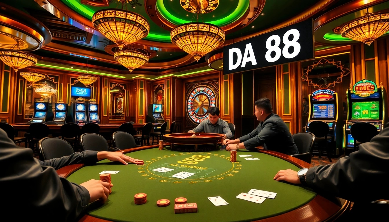 Players strategizing at a high-stakes poker table in the luxurious DA 88 casino.