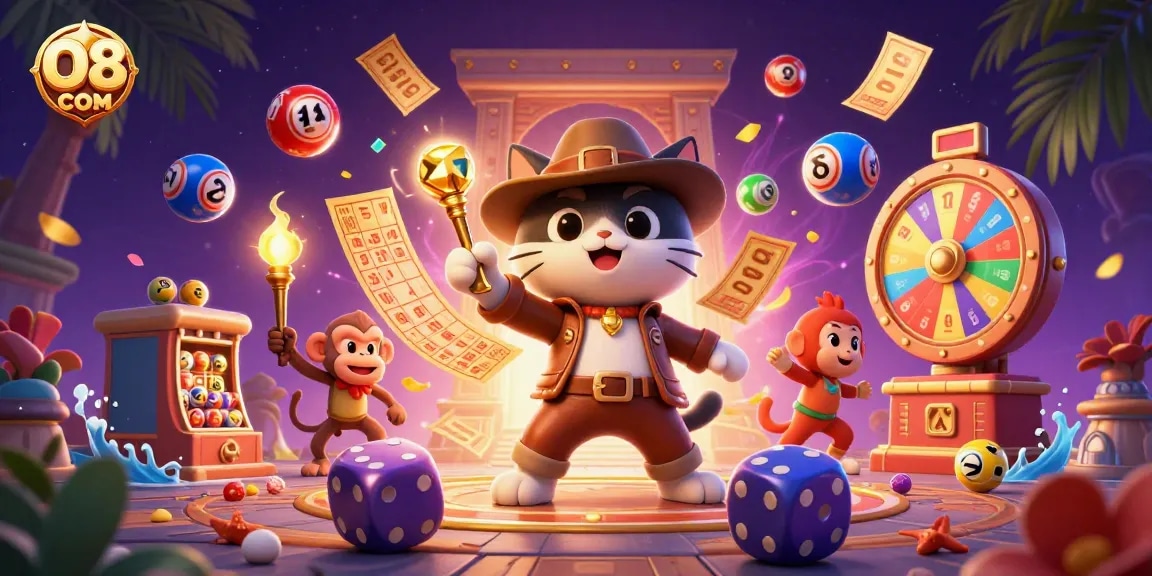 Experience the thrill of O8 COM casino gaming with vibrant 3D characters and colorful elements.