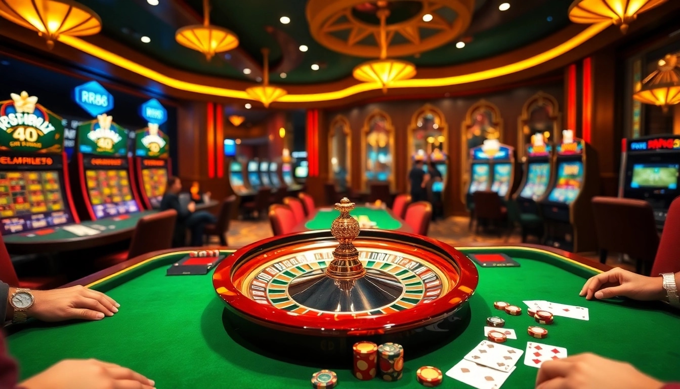 Experience the excitement of rr88 in a luxurious casino setting with poker chips and roulette.