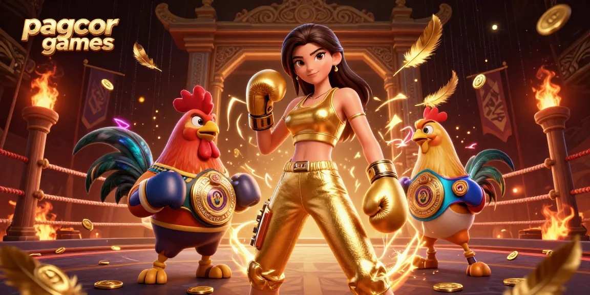 Play pagcor games featuring an athletic woman and a boxing rooster in a vibrant casino scene.