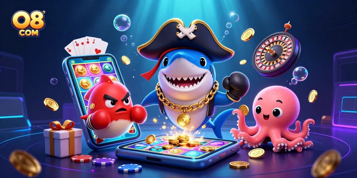 Engage with exciting slot games and jackpots at O8 COM, featuring a colorful scene with characters and game elements.