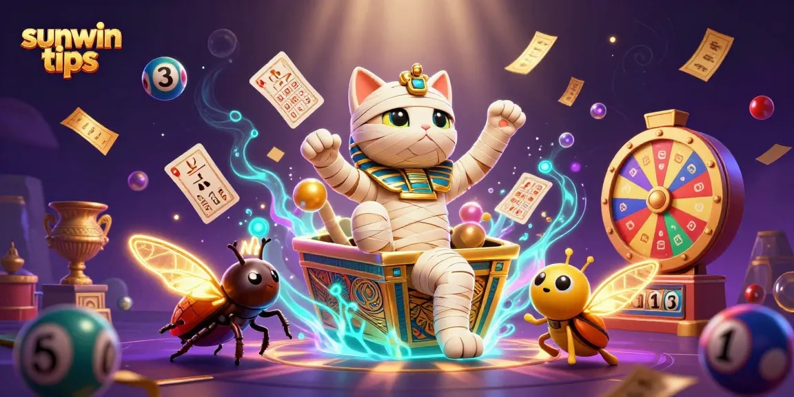 Explore engaging sunwin tips for vibrant lottery-themed 3D illustration with a mummy cat.