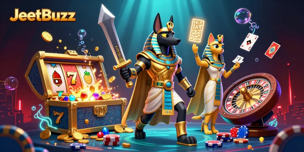 Engage with JeetBuzz for thrilling slot adventures featuring Anubis and Bastet amidst gold treasures.