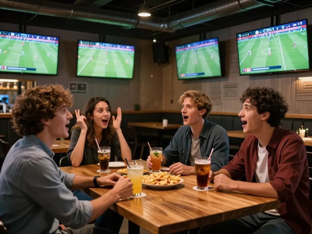 Friends excitedly watching football on CakhiaTV with drinks and snacks in a lively sports bar atmosphere.