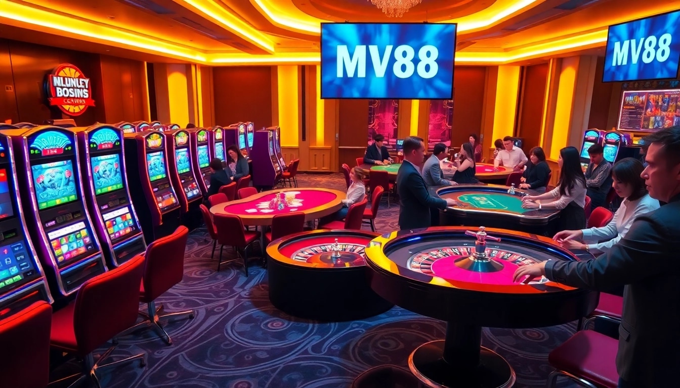 Engaging players at MV88 casino with vibrant slot machines and poker excitement.