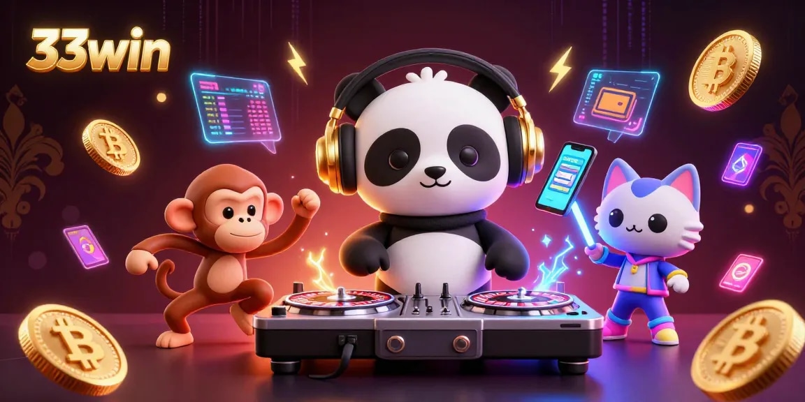 Experience excitement at 33win with our vibrant casino scene featuring 3D characters and gaming elements.