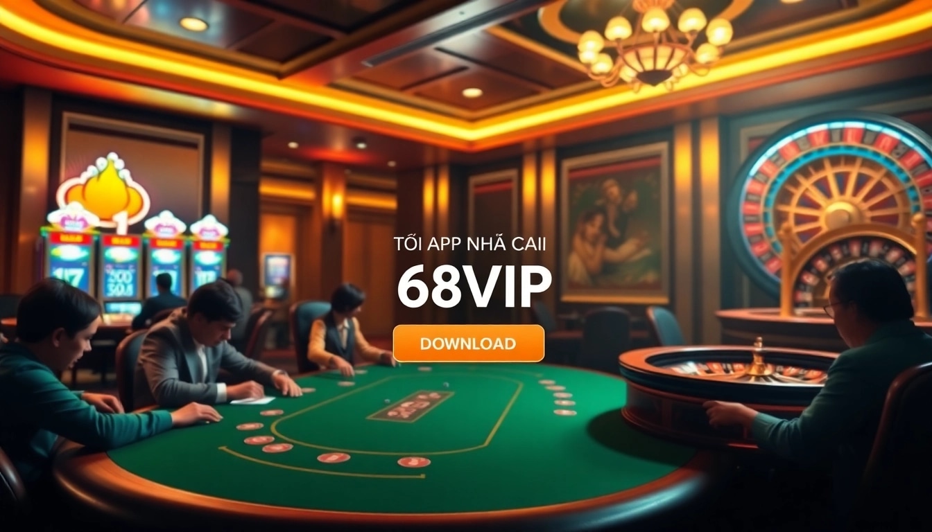 Tải App Nhà Cái 68VIP download button displayed on a luxurious online gambling interface with poker and slots.