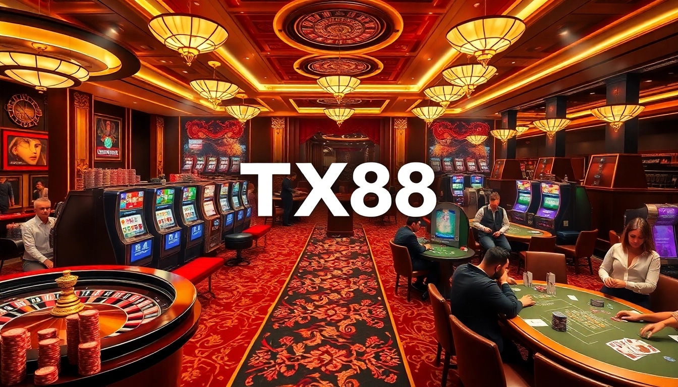 Experience the thrill at TX88 casino with players enjoying exciting table games and vibrant slot machines.