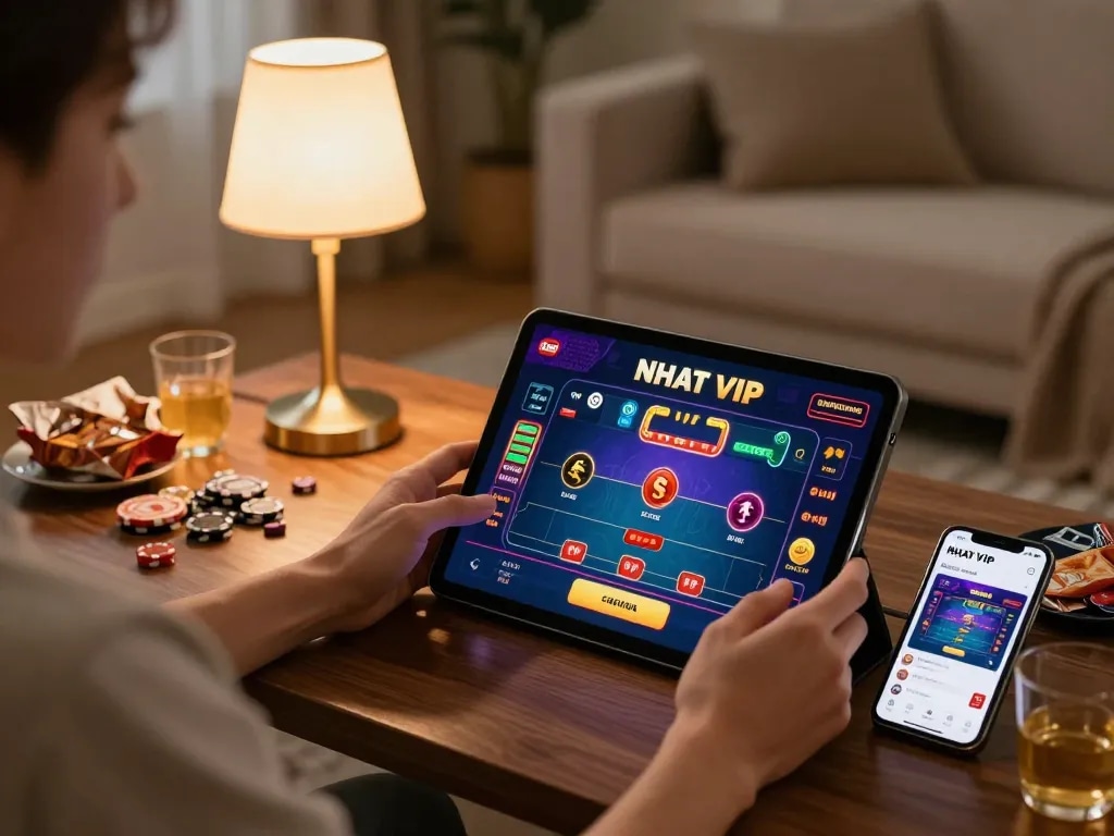 Engaging gaming moment with nhat vip app on tablet, showing live casino interface in warm, inviting home setting.