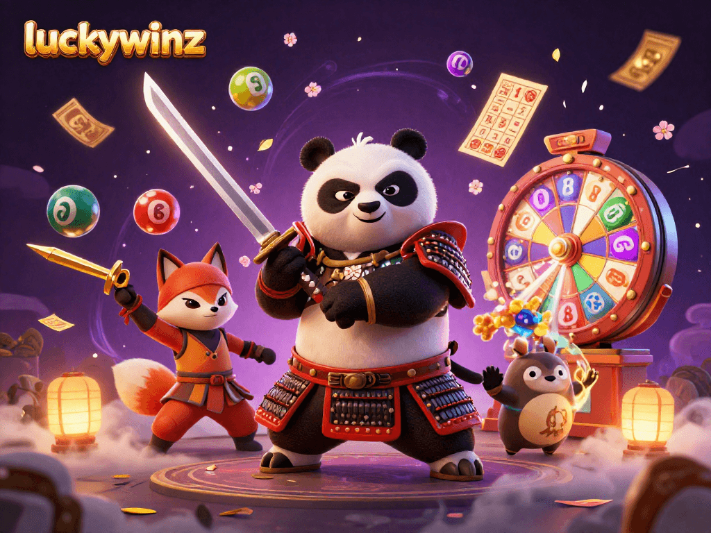 Engage with luckywinz as colorful lottery balls bounce amidst 3D animated characters in an energetic casino scene.