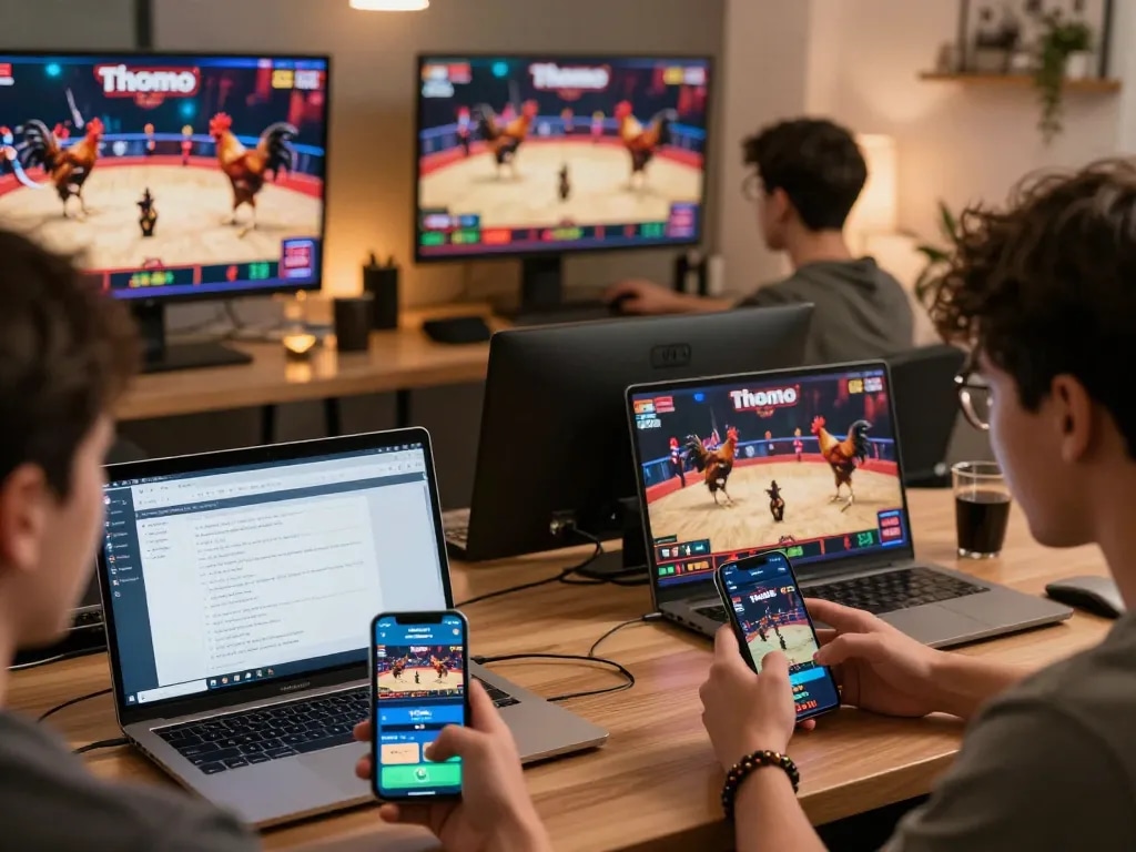 Chứng kiến một trận đấu đá gà thomo HD hấp dẫn trên máy tính bảng trong một không gian chơi game sôi động tại nhà.