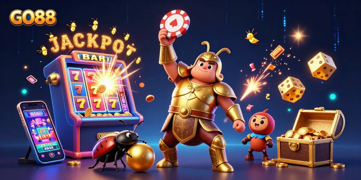 GO88's exciting features come alive with a victorious beetle in a dazzling casino scene.