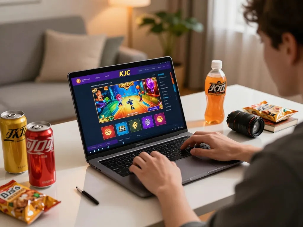 KJC player engaging with online casino app during a cozy home gaming session.