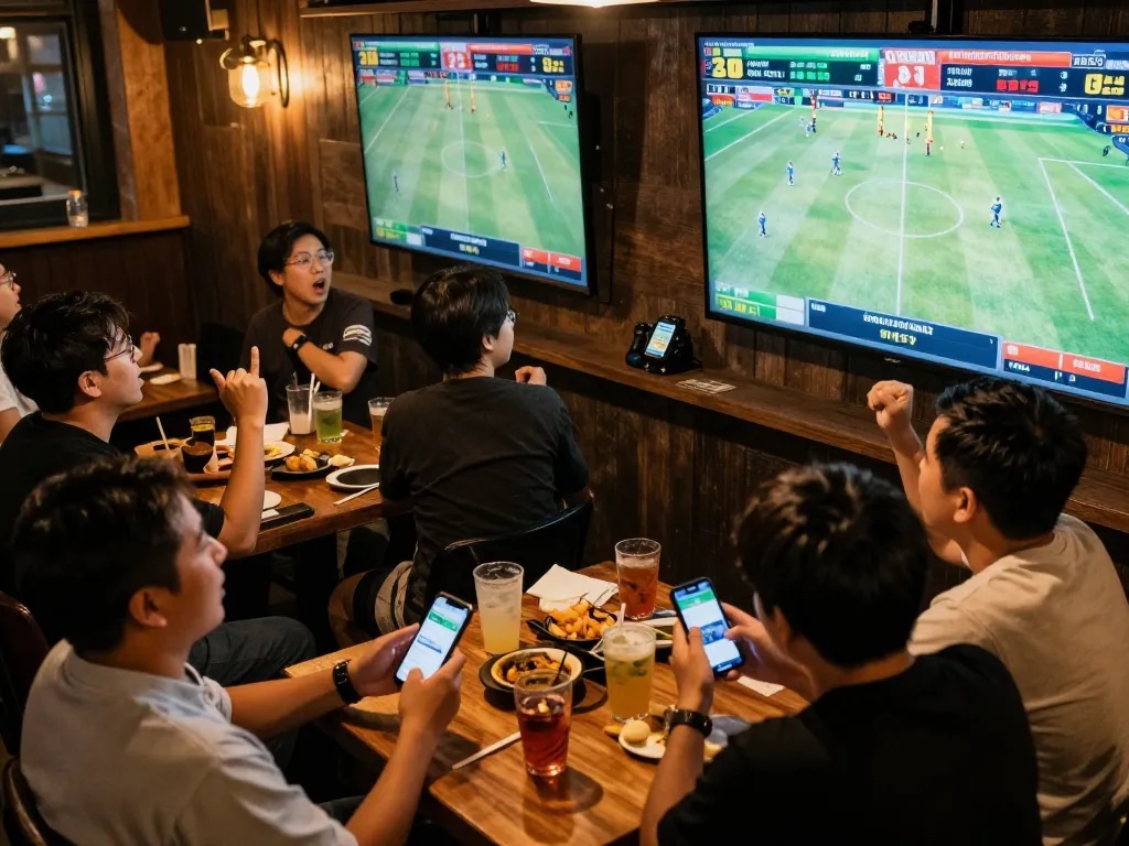 Sungaitoto app showcasing sports betting excitement with patrons cheering at lively bar