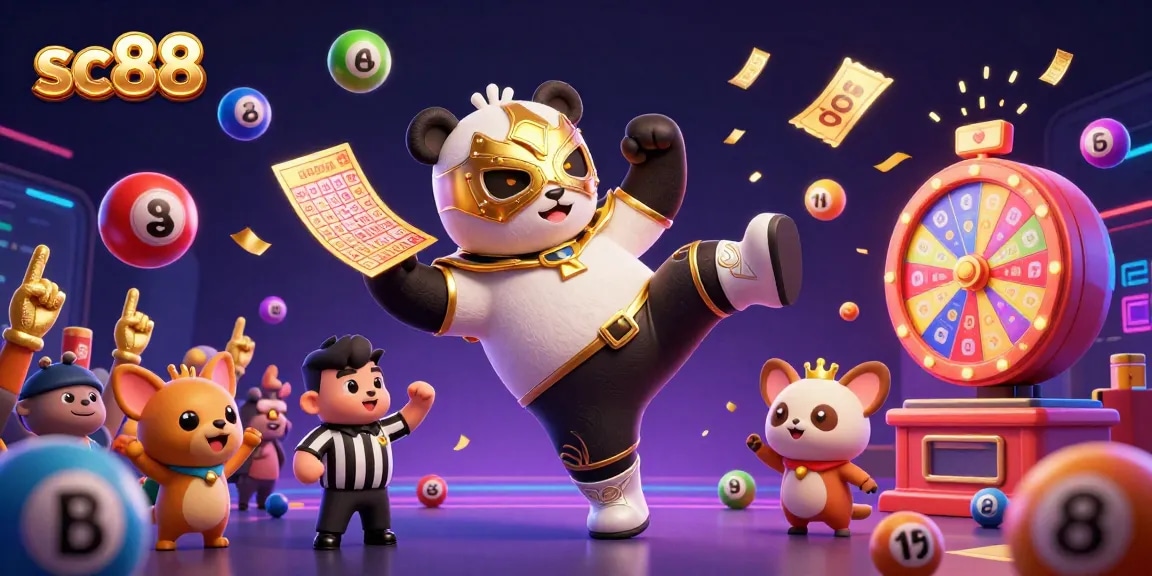 Engage in exciting games at sc88, featuring a vibrant illustration of a wrestling panda and lottery elements.