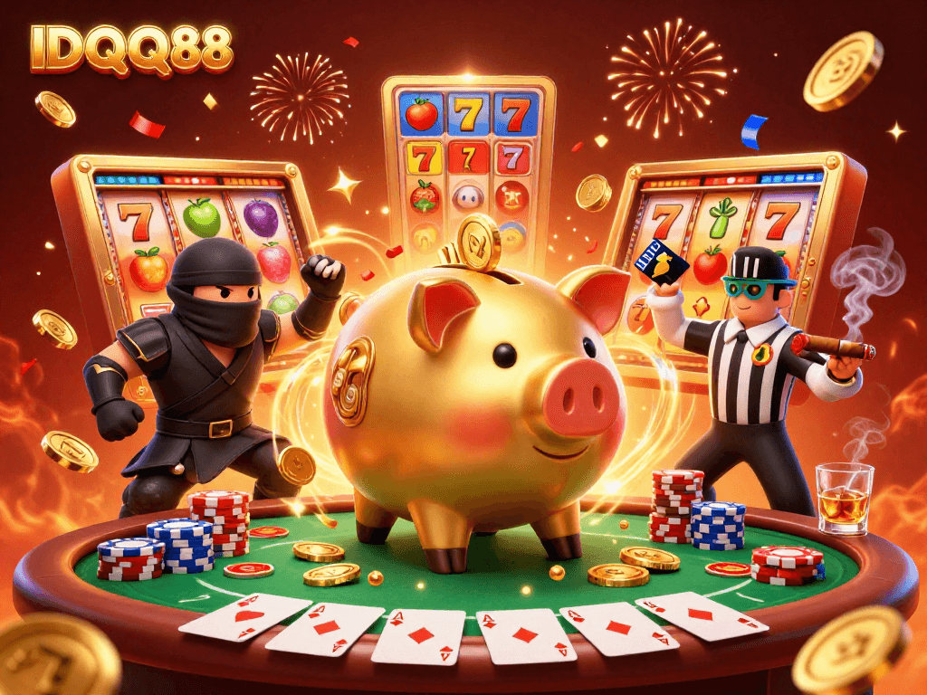See IDQQ88's winning spirit in this 3D scene featuring a golden piggy bank sumo wrestler amidst slot machines and colorful poker chips.