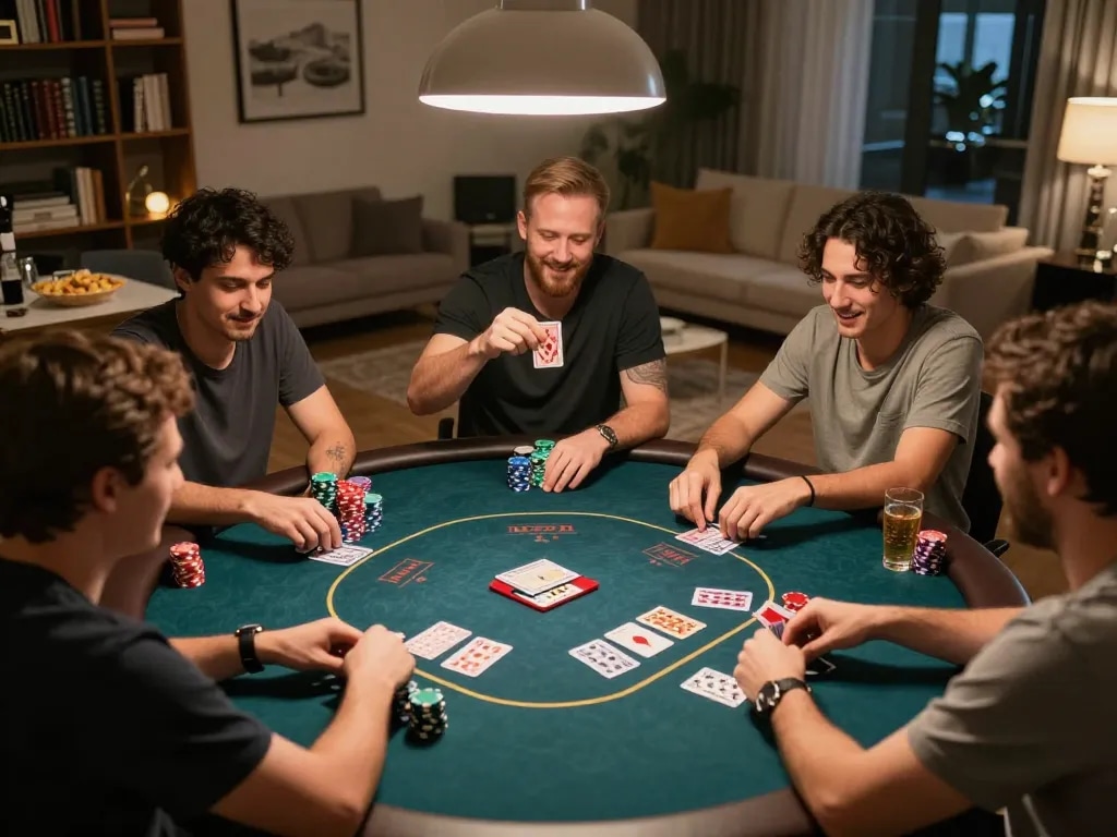 Engaged players enjoying a round of poker at home, showcasing the mm88 com online gaming spirit in a cozy setting