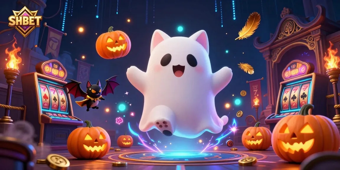 SHBET casino experience illustrated with ghost cat and bat in a haunted setting surrounded by slots and golden tokens