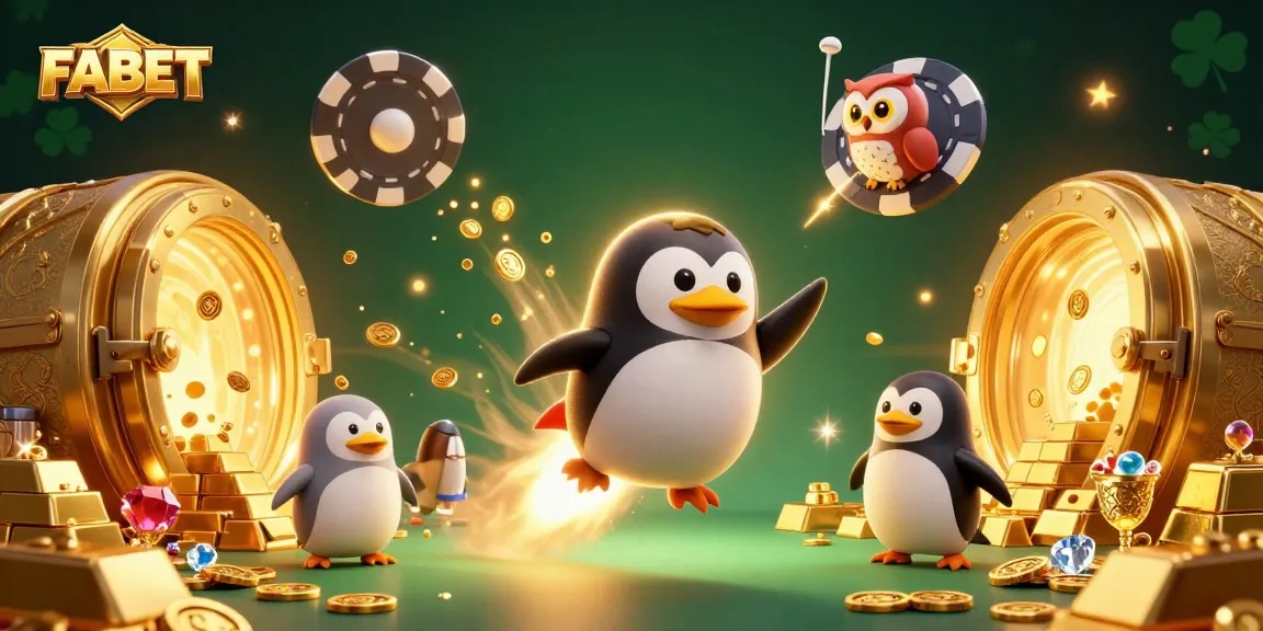 Experience thrilling FABET adventures with a golden penguin and treasures in this dynamic casino scene.