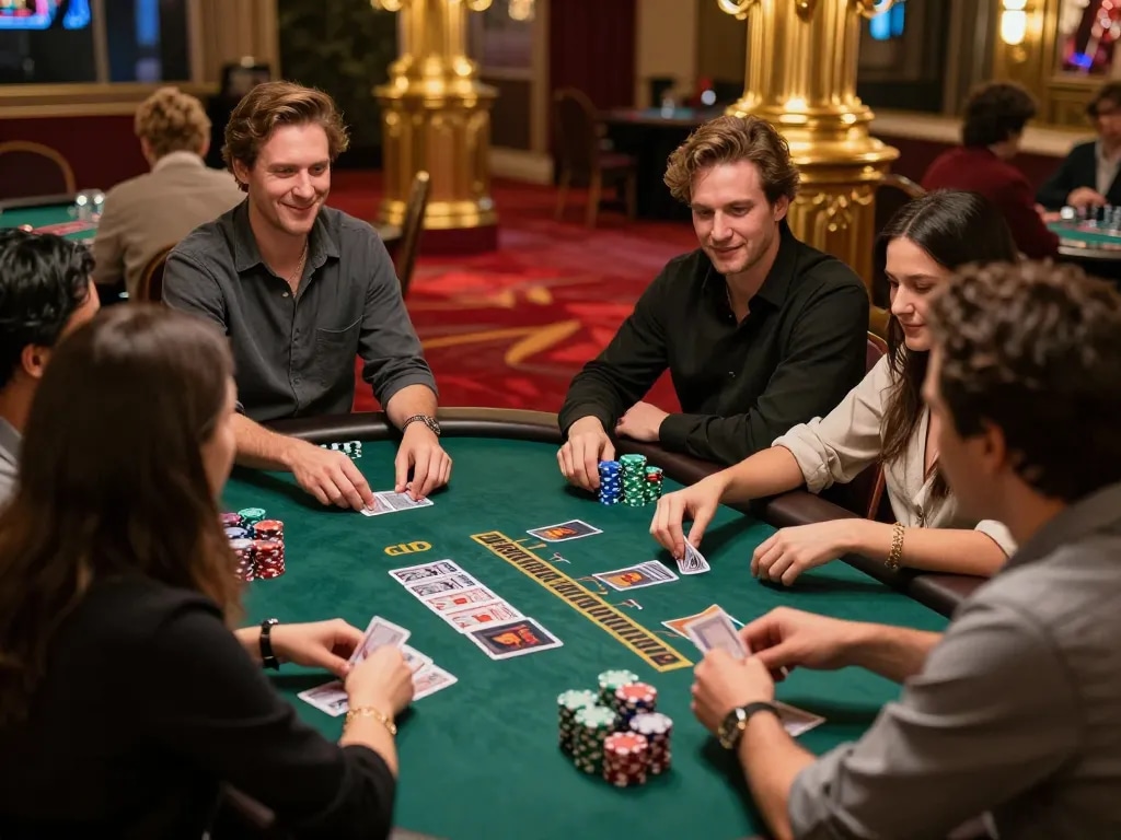 Players enjoying a dynamic blackjack game at Go88 casino, with focused expressions and high stakes.