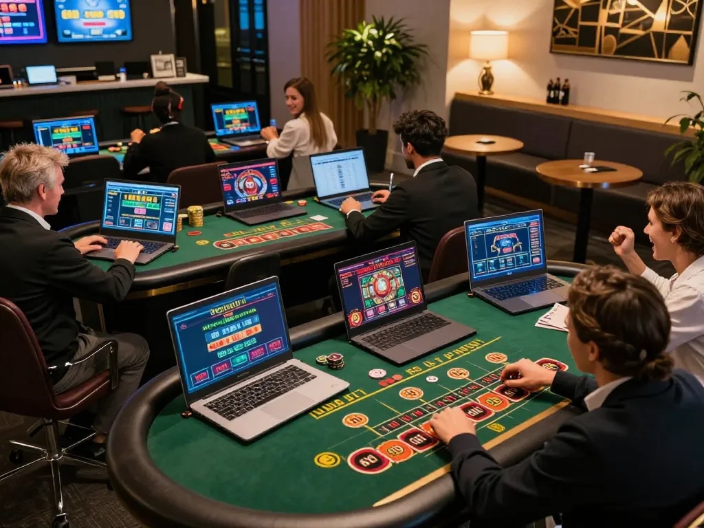 Players enjoying bl555 com casino games on their devices in a vibrant, inviting online setting.