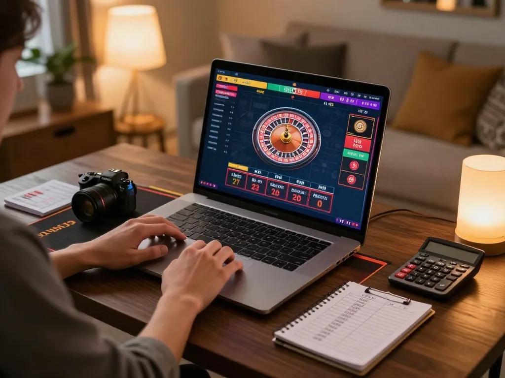 Engaging with 33win through live dealer roulette on a laptop, cozy home setting.