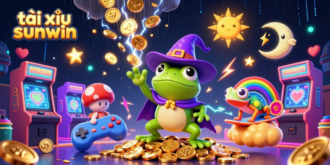 Engage with tài xỉu sunwin gameplay as whimsical characters create a gold coin storm amidst vibrant gaming elements.