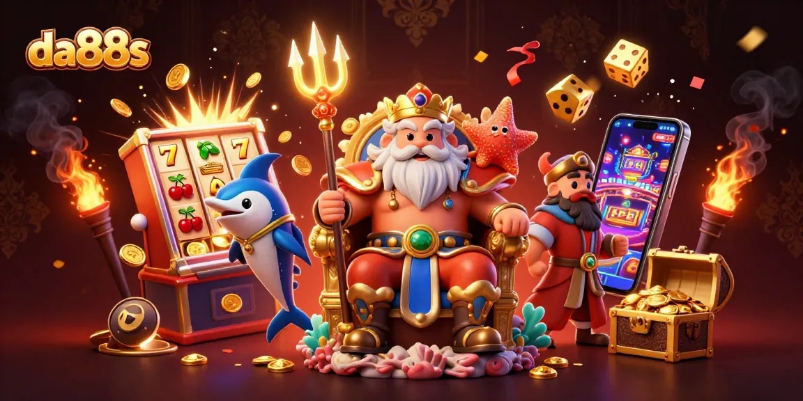 Experience the thrilling da88s casino world with Neptune and his lively companions amidst a jackpot celebration.