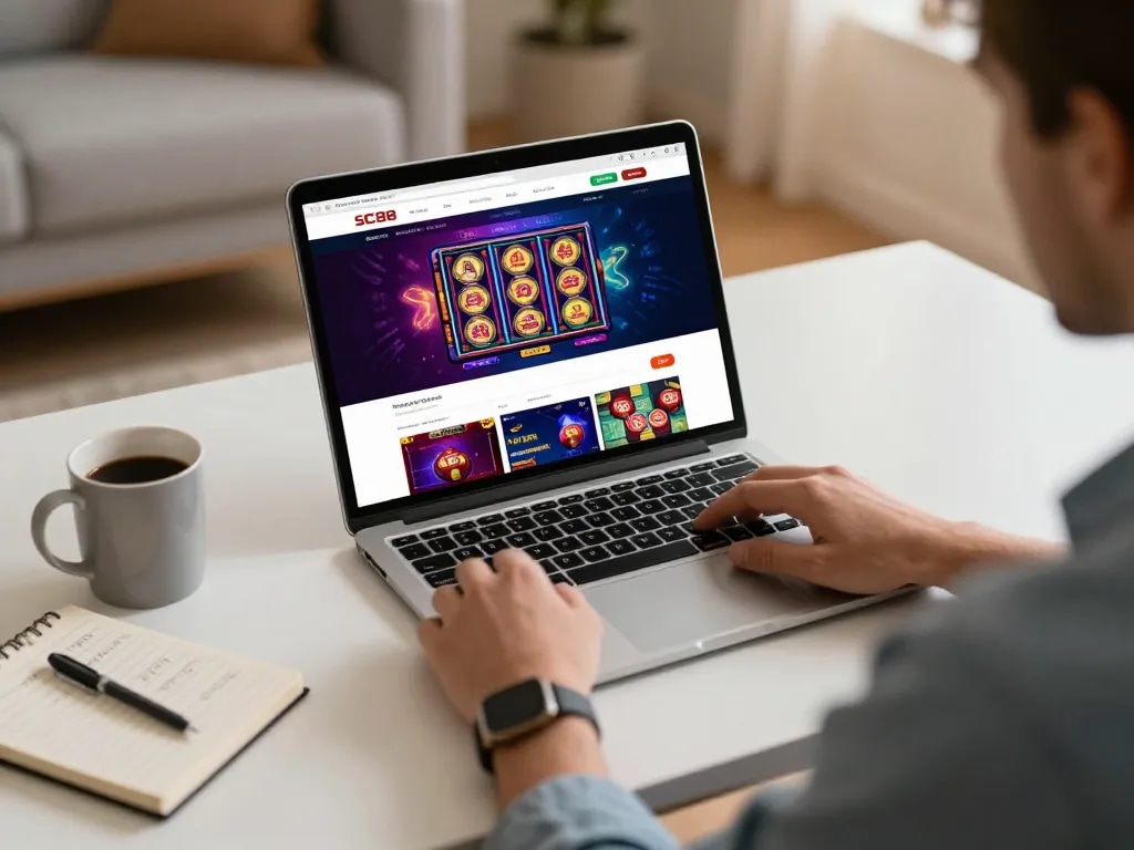 Engaged player enjoying SC88 online slots on a tablet in a cozy home setting.
