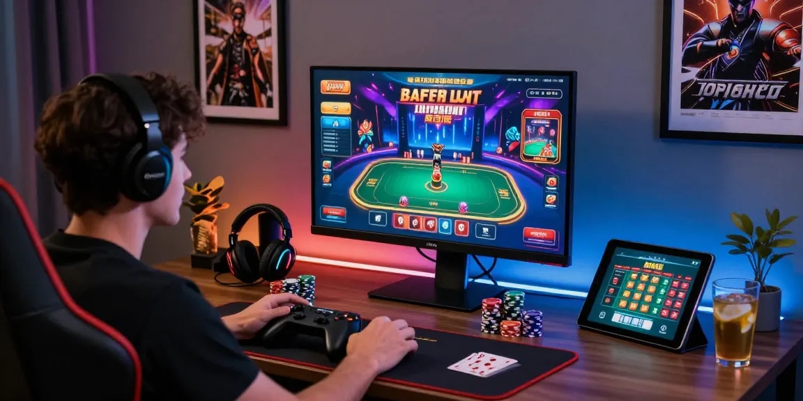 Player engaged at gaming desk on https://red88m7.com with colorful casino graphics and gaming setup.